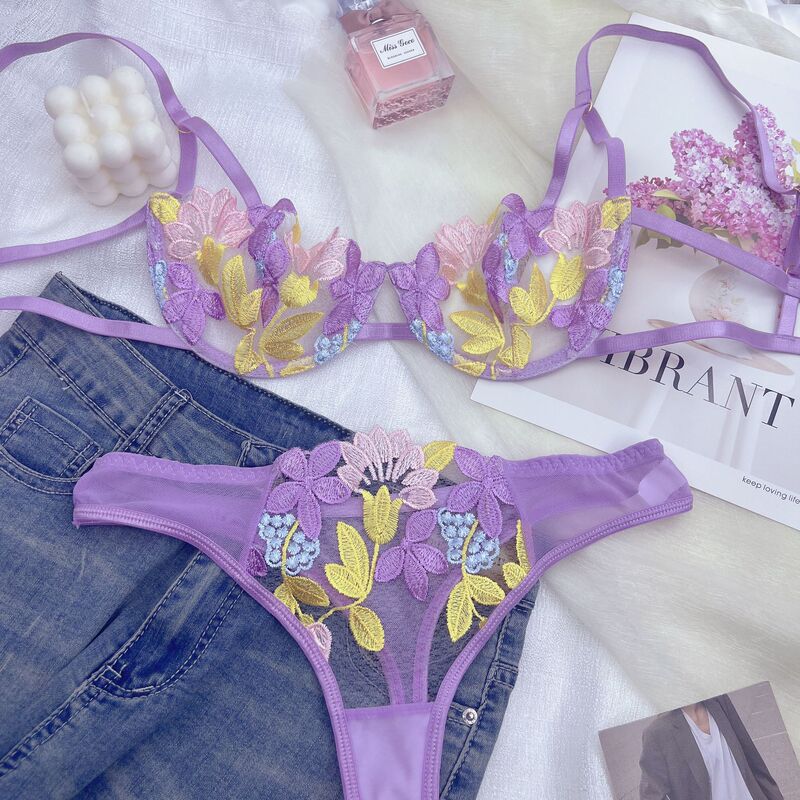 New Style Romantic Purple Embroidered Sexy Mesh Women's Bra Set with Underwire Support, Hollow Strap Thong Panties