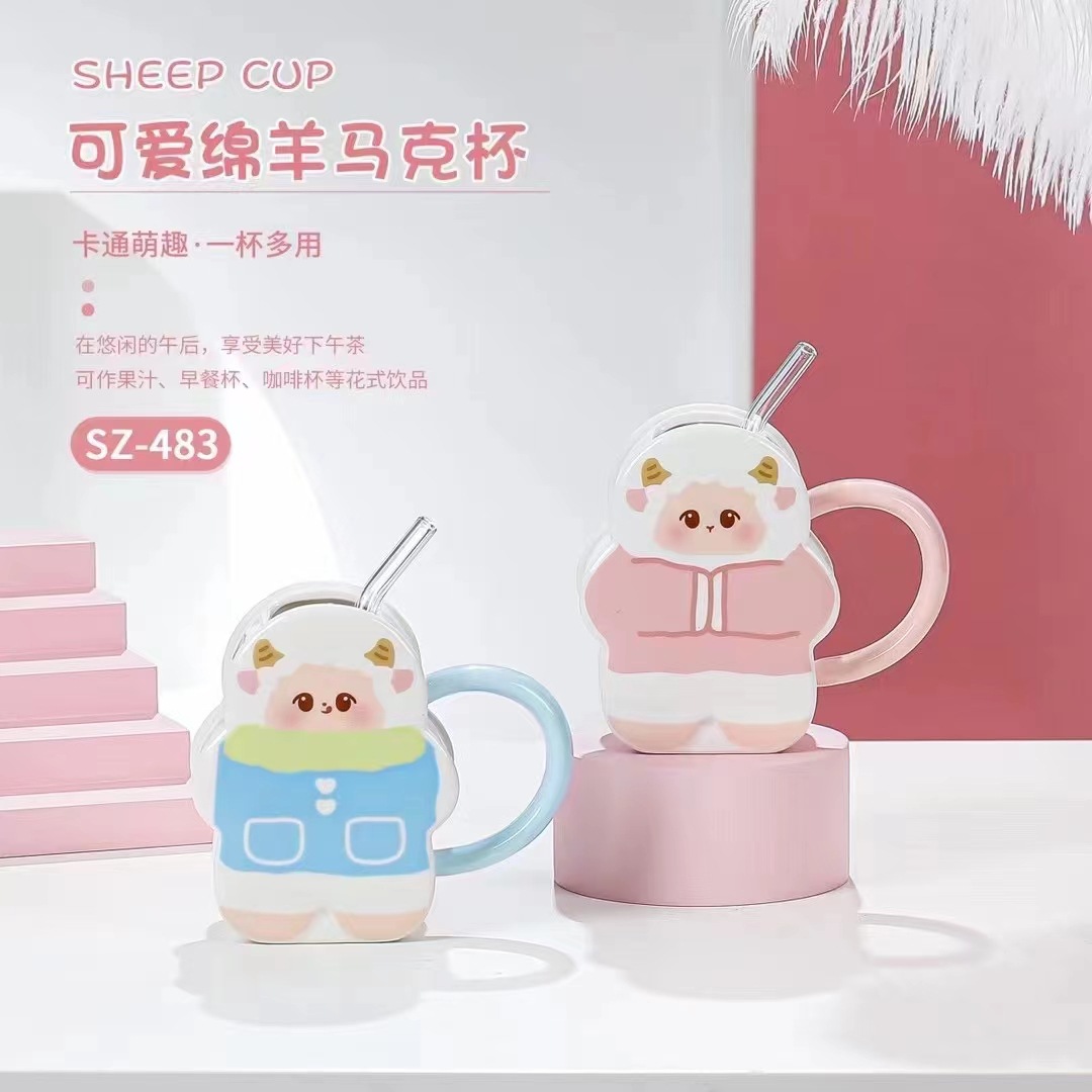 Creativo lindo pequeño oveja paja agua taza regalo personalizado cerámica lindo mascota pareja taza de café chica