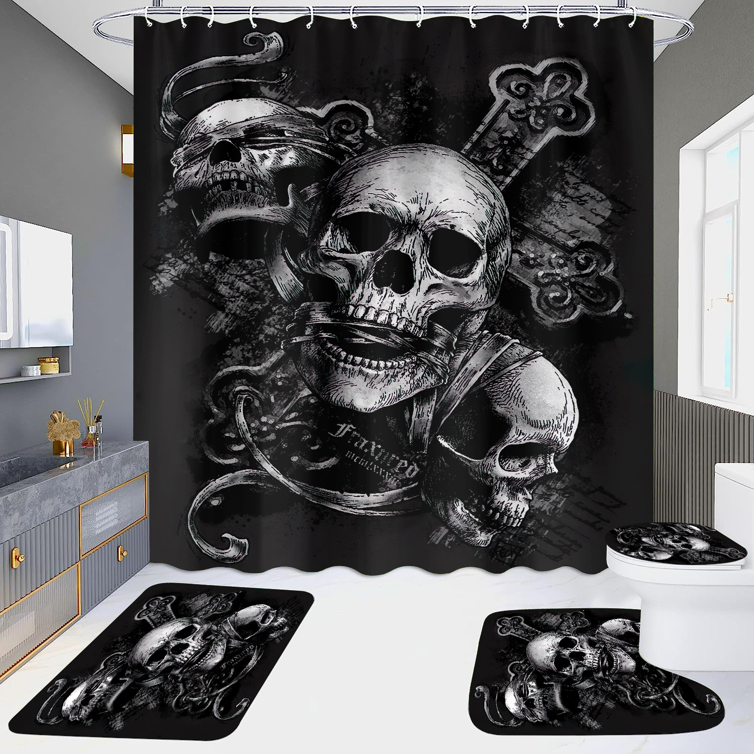 Cortina de ducha de suministro directo transfronterizo conjunto de cuatro piezas hd impermeable sin perforaciones baño hotel baño partición cortina wansheng cráneo