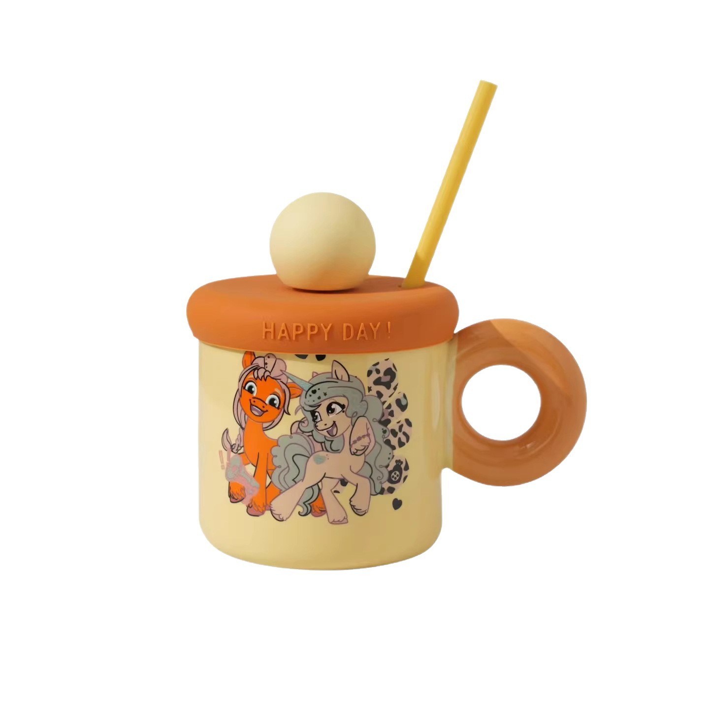 Taza de cerámica de personalidad creativa, pony de alto valor facial, taza de agua de paja, taza de café encantadora para chicas.