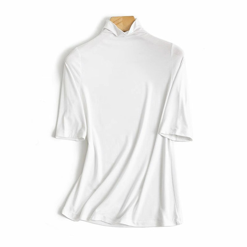 Women's Semi-High Collar Short-Sleeve T-Shirt 2025 Summer Plus Size Slimming Five-Sleeve Casual Inner Layer Base Top