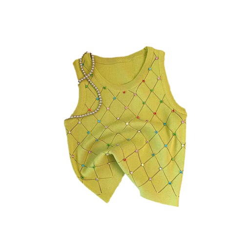 Ladies' Small French Style Strapless Backless Top, Summer Bestselling Diamond-embellished Sleeveless Round Neck Bodycon Top