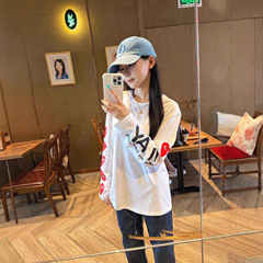 胖mm美式高街桃心字母大码长袖t恤女秋季2025新款宽松打底衫上衣