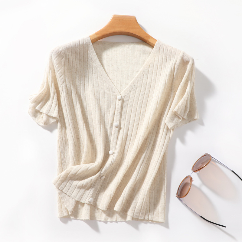 2025 Summer New Ramie Knitted T-Shirt Short-Sleeved Women's Loose V Neck Pullover Short Outwear Thin Cardigan Top