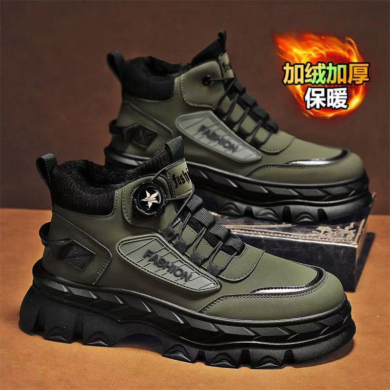 Botas de invierno para hombres con botón rotativo de terciopelo caliente y grueso impermeable y antideslizante con suela gruesa y alta zapatos deportivos de algodón de nieve