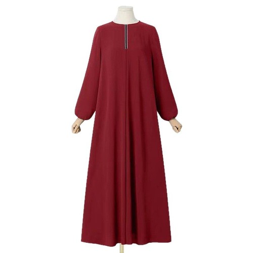 Muslim women's dress, Arabic solid color, ribbon, bubble sleeve, loose round neck, one-piece dress