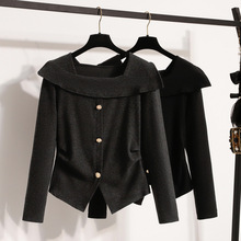 大码胖mm设计感不规则针织衫女秋冬新款收腰遮肚子长袖T恤上衣