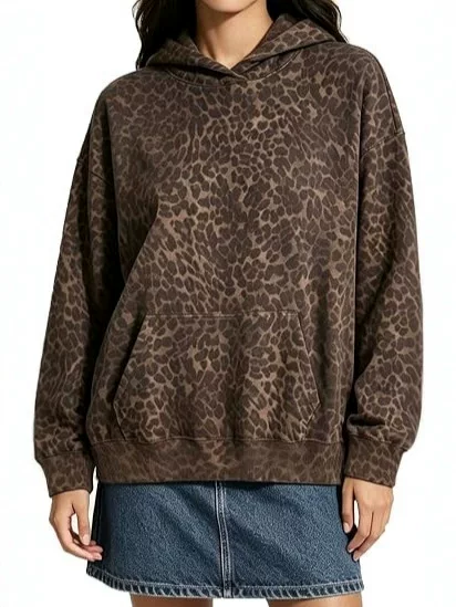 Cross-border European and American 2026 women's autumn and winter new American retro pullover leopard print hooded sweatshirt loose casual top