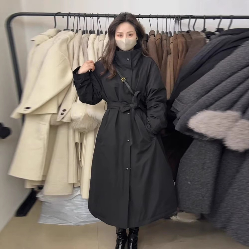 Black Korean Mid-Length Stand-Up Collar Windbreaker down Jacket for Women 2025 Winter New Loose Waist Jacket Top