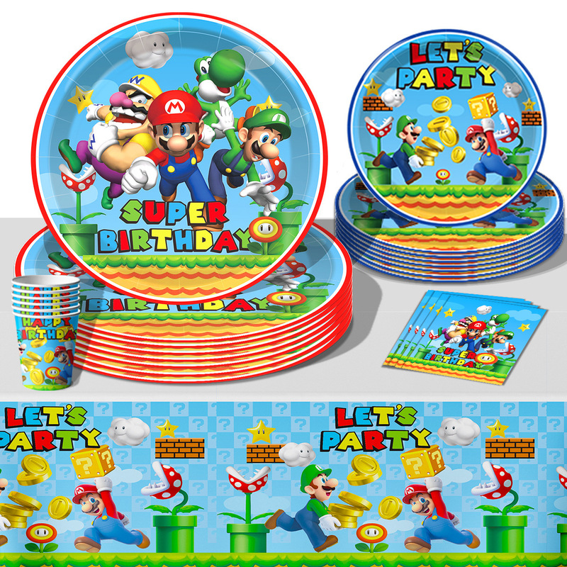 Mario Theme Party Decoration Props Mario Disposable Paper Plates Paper Towels Tablecloths Tableware Set