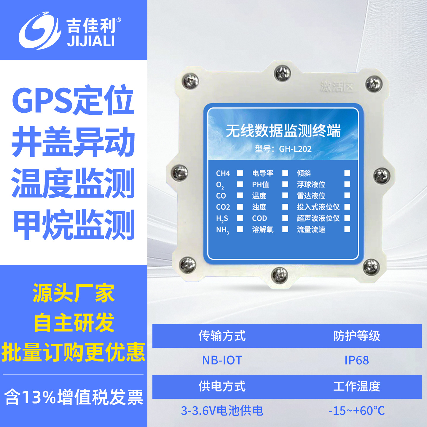 Gps positioning + manhole cover abnormal movement + temperature + methane monitoring (gas concentration monitoring)