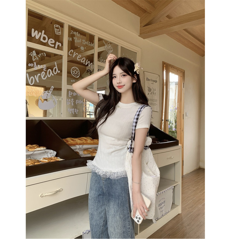 Mr [Jacquard] Sweet Lace Splicing Short-Sleeved Knitwear Summer Age-Reducing Heart Jacquard Slimming Look Top