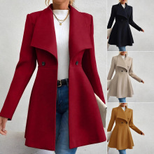 亚马逊欧美跨境2025秋冬爆款女式毛呢外套纯色翻领双排扣呢子大衣