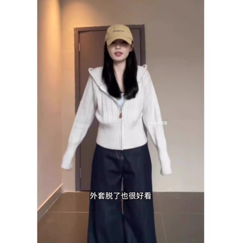 温柔风麻花连帽针织开衫女秋冬韩系慵懒拉链毛衣外套收腰短款上衣|undefined