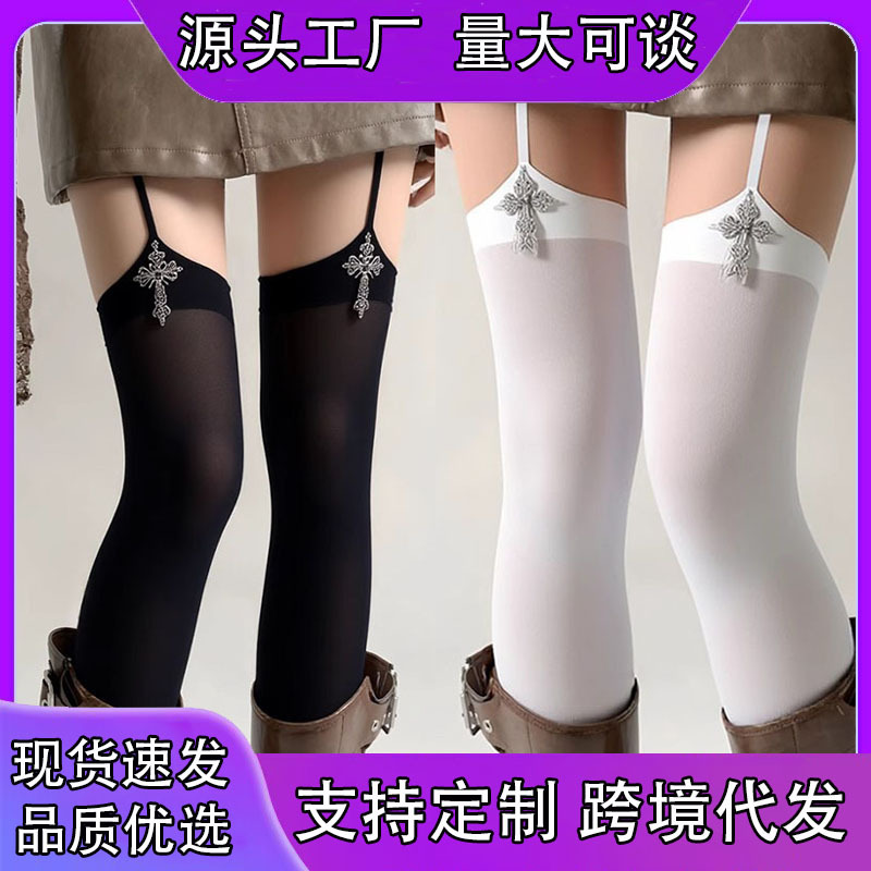 Cross-Border Three-Dimensional Cross Strap Integrated Over-The-Knee Socks Lolita Velvet Black and White Solid Color Girl's Stockings
