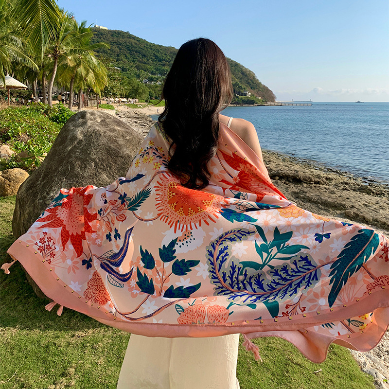 Bufanda de seda de estilo étnico bufanda de algodón y lino de verano playa protección solar toalla flor fresca aire acondicionado chal