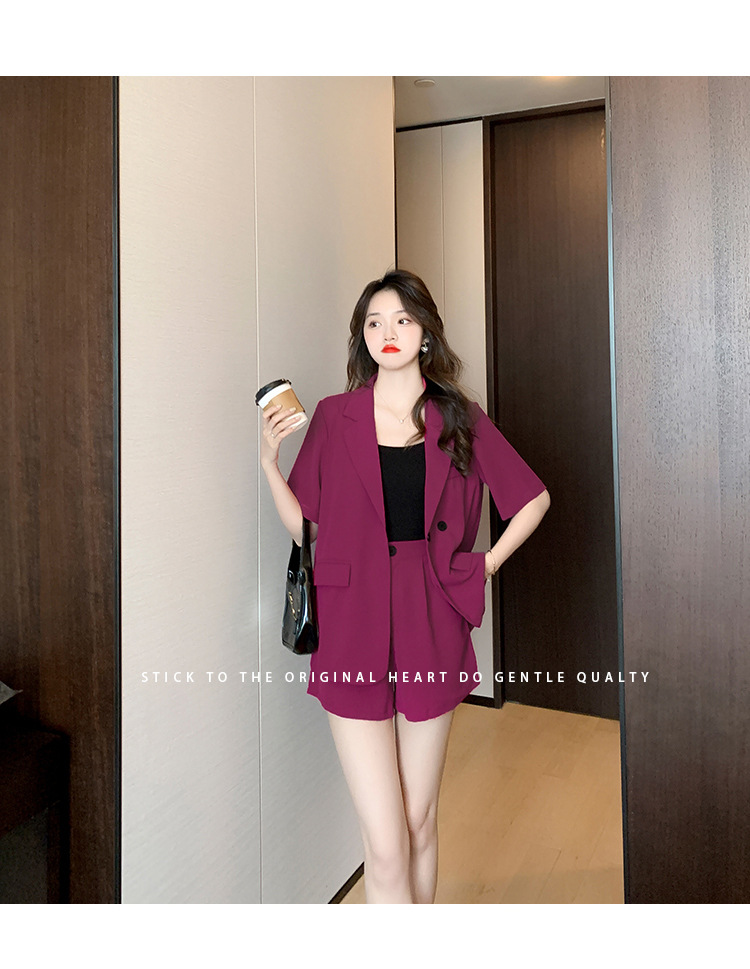 【中国直邮】HEY+JEANS 夏季新款气质短袖西装外套+高腰短裤两件套 玫红色 S