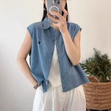 2025夏季新品 日系小清新甜美翻领无袖百搭水洗牛仔无袖衬衫上衣