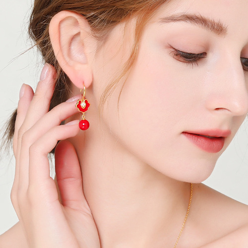 Guochao Silver Earrings with Red Oil Drip, Diamond Inlay, and Pearl Drops - Simple and Elegant Christmas and New Year Earrings for Women