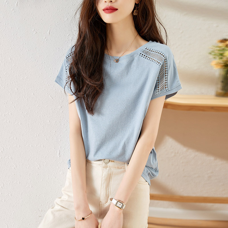 2025 Summer New Korean Version Versatile Exquisite Heavy-Duty Hollow Woven Edge Fashion Women's Versatile T-Shirt