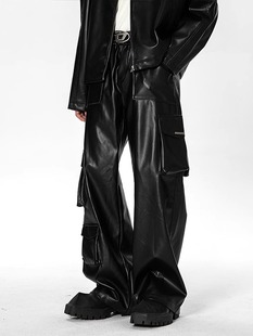 American Hip-Hop Street Punk Leather Pants for Men, Spring and Autumn New Multi-Pocket Cargo Pants, Casual Trendy Pants