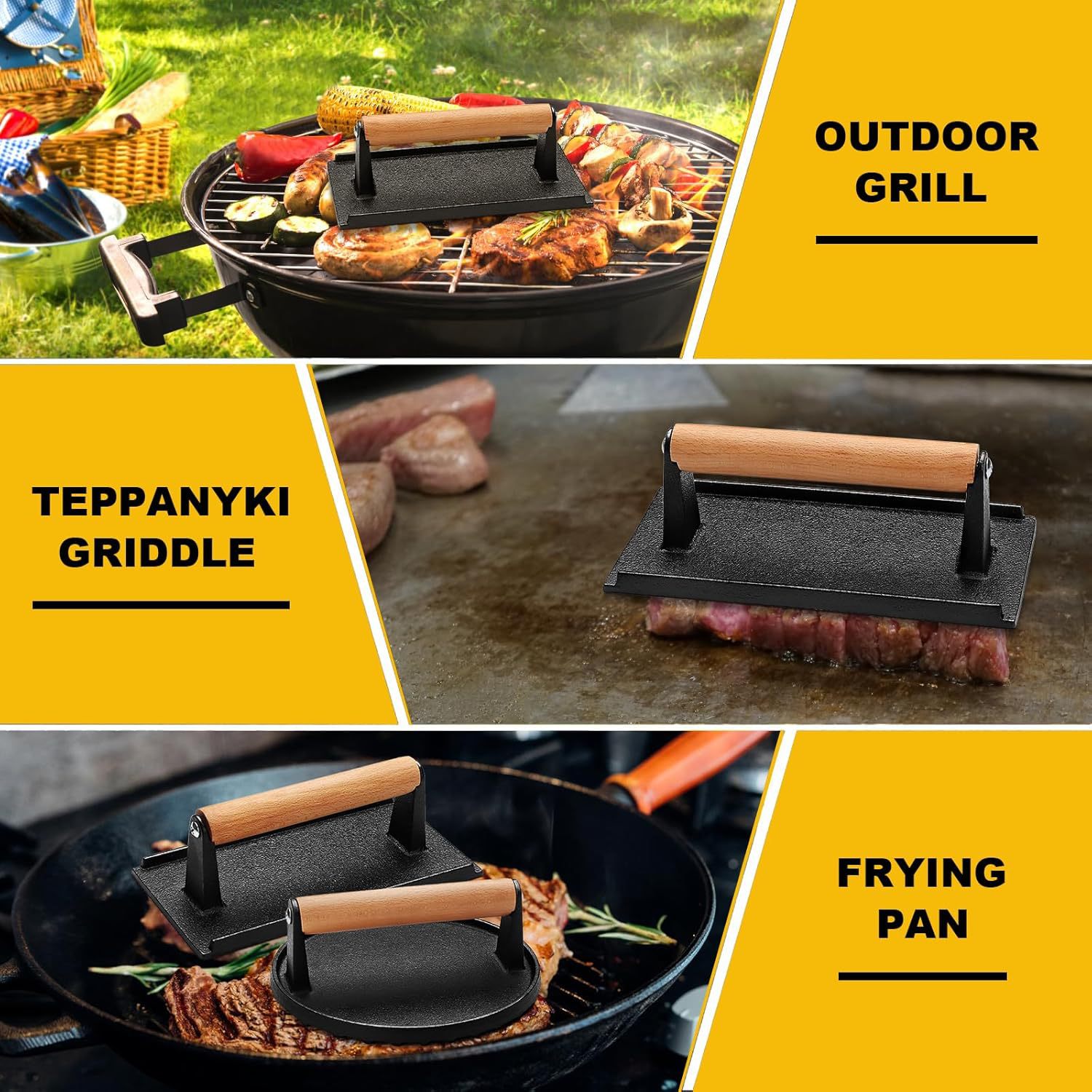 3 pieces of crushing the burger crusher kit, the burger pressure is suitable for baking trays, cast iron barbecue press with wooden handle 3