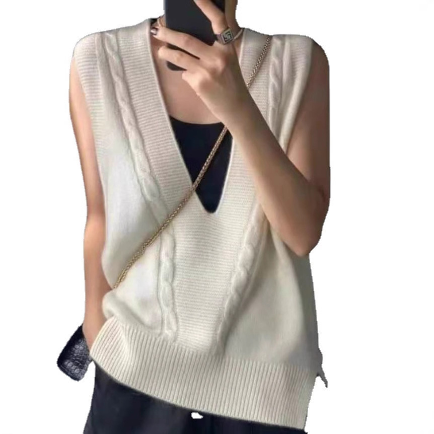 Otoño de las nuevas mujeres con cuello en v chaleco suelto más tamaño suéter de punto estilo coreano lana peinada chaleco torcido