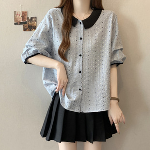 2025 Large Size Short-Sleeved Polka Dot Contrasting Color Loose Round Neck Chiffon Shirt Women's Sweet Age-Reducing Single-Breasted Shirt