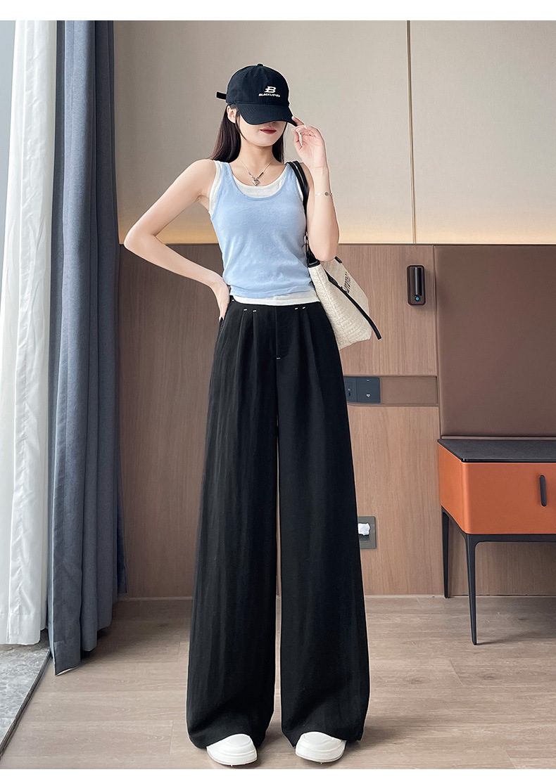 Quần ống rộng vải lụa băng đa năng nữ, phong cách sang trọng mỏng nhẹ mùa hè, quần ống đứng vải lanh Tencel — Màu xanh hải quân (kiểu thông thường) chi tiết 38