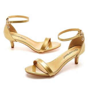 5cm Gold Shallow Mouth Strap Sandals Thin Heel Fish Mouth Large Size Low Heel Mid Heel Sandals Women's Wrist Buckle Strap Women's Shoes