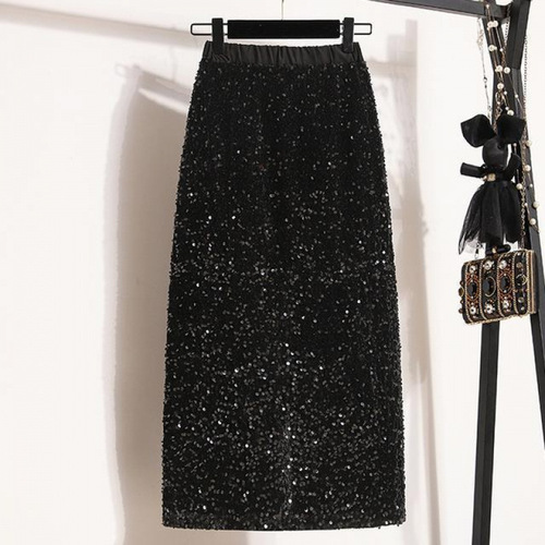 Large size slightly fat MM sequined skirt for women's spring new style high-end shiny high-waist mid-long skirt