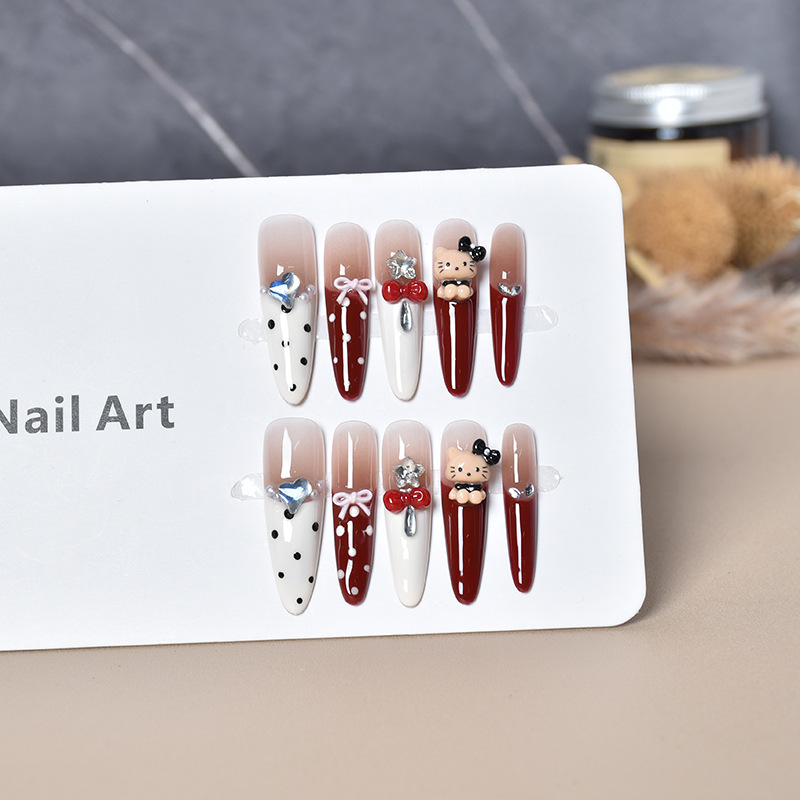 Otoño y invierno Año Nuevo puro hecho a mano rojo lindo arco en estilo francés desmontable manicure blanqueador desgaste pieza de uñas
