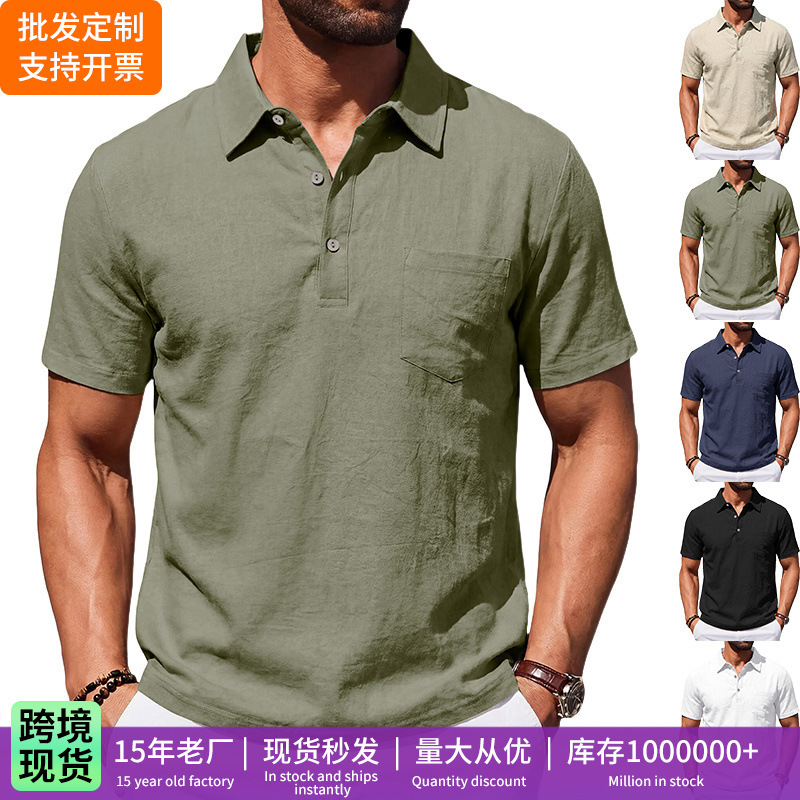 Men's Lapel Polo Shirt Linen Autumn Casual Short Sleeve Pocket T-Shirt Cross-Border European and American Loose Top
