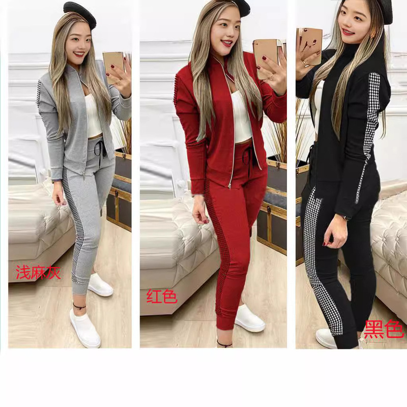Fashionable Plaid Patchwork Sportswear Set, Comfortable and Easy to Wear, Casual and Versatile, Suitable for Students and Office Workers for Daily Outings