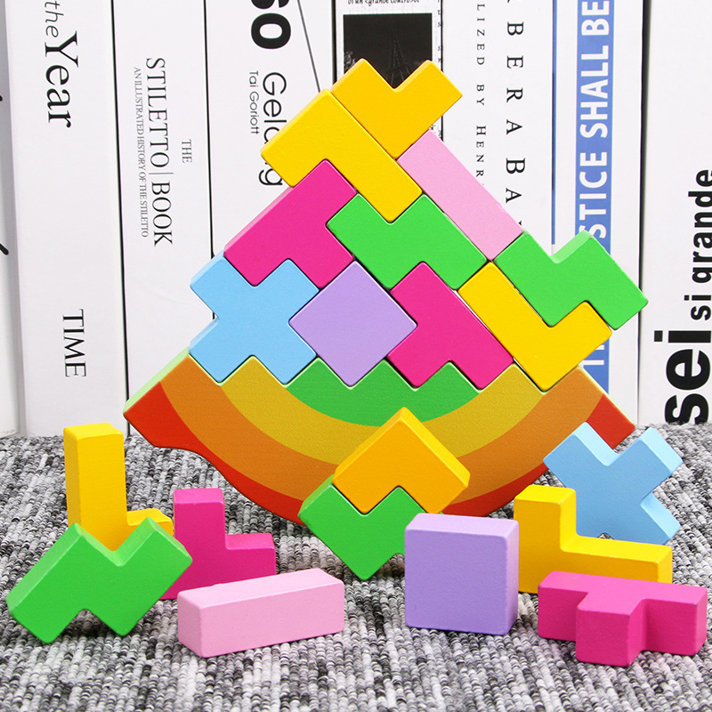 Balance de balanceo de arco iris de madera, bloques de construcción de Tetris, rompecabezas geométrico, juguetes educativos de educación temprana para niños