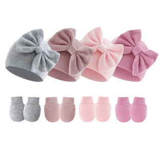 2022 new autumn and winter New Baby bow hat anti-scratch gloves set thick baby fetal cap 0-6 months