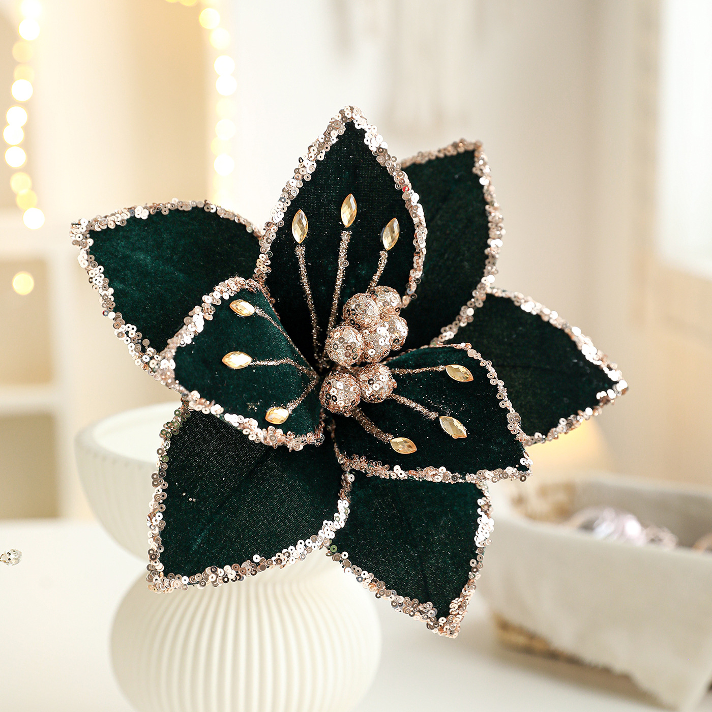 Nuevo producto 26CM tela de alta calidad flores de Navidad polvo de oro flor de polvo de polvo flor de Navidad decoración de caña de corolla