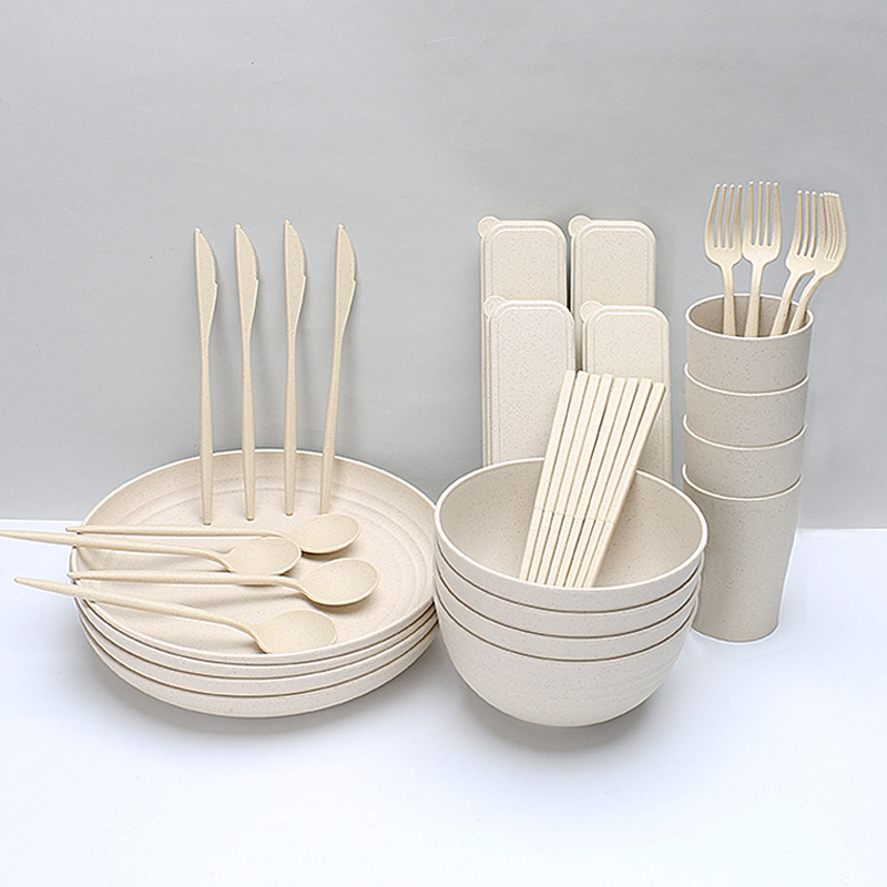 Juego de vajilla de paja de trigo beige, que incluye tazón, taza, plato y cubiertos, cuchillo, tenedor y cuchara portátiles, se pueden imprimir con logotipo, los tazones y platos son aptos para microondas.