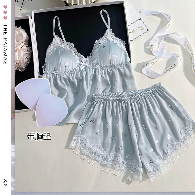 Summer New Women's Camisole Pajama Set, Silver-Embossed Silk Camisole and Shorts, Comfortable Home Wear Two-Piece Pajama Set