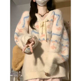 慵懒秋冬毛衣2024绑带新款高级甜美温柔打底针织衫宽松上衣