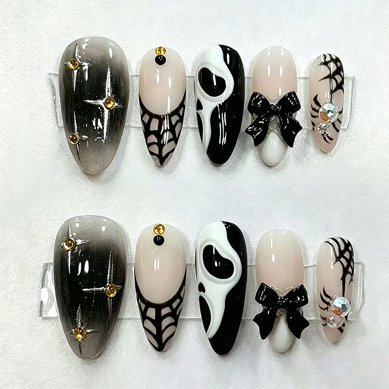 European and American cross-border Halloween spider web almond-shaped nail tips with ins-style bow and rhinestone decorations, wholesale nail stickers European and American cross-border Halloween spider web almond-shaped nail tips with ins-style bow and rhinestone decorations, wholesale nail stickers