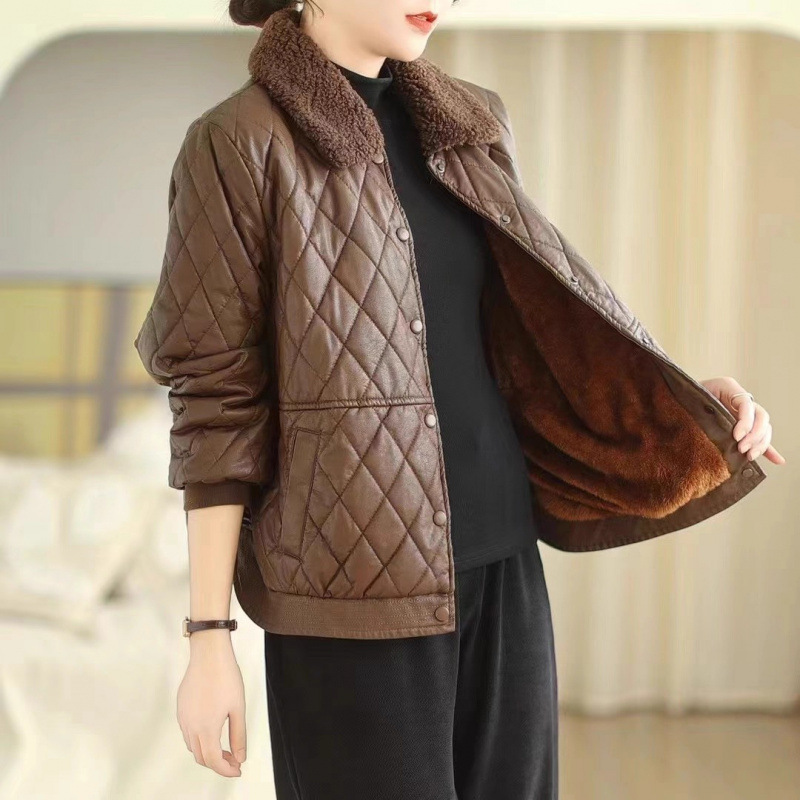 菱格pu加绒皮衣外套女冬季加厚保暖秋冬新款翻毛领盘扣棉袄棉服