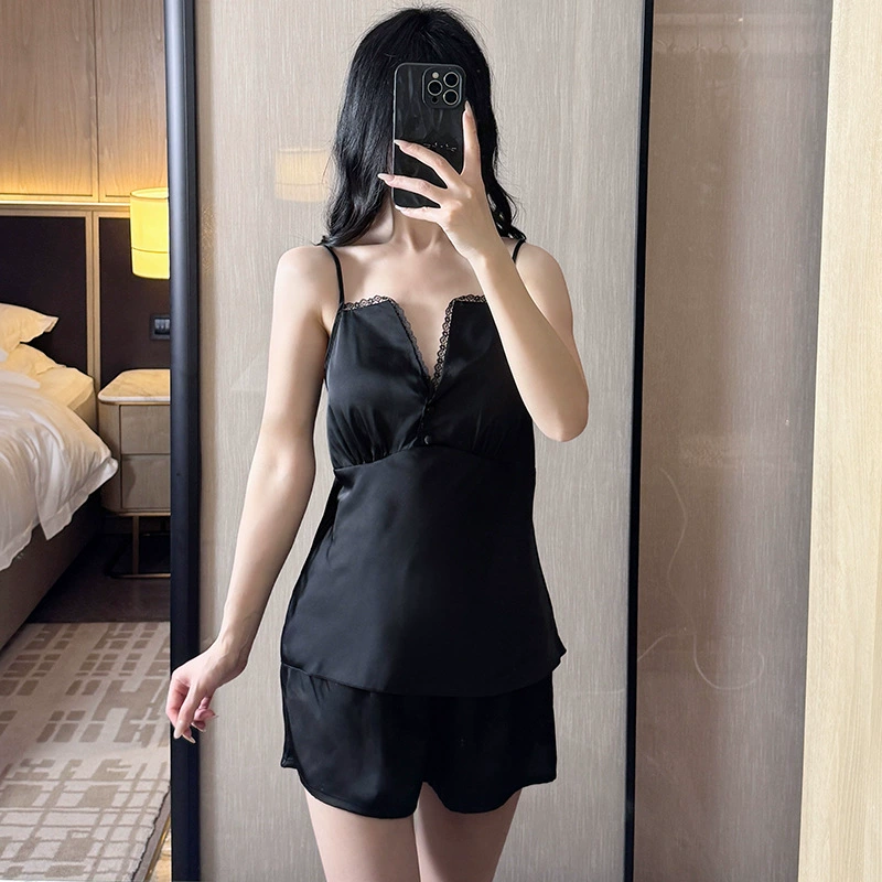 Sexy шелковая пижама, летний топ с чашками, футболка, шорты, набор, домашняя одежда