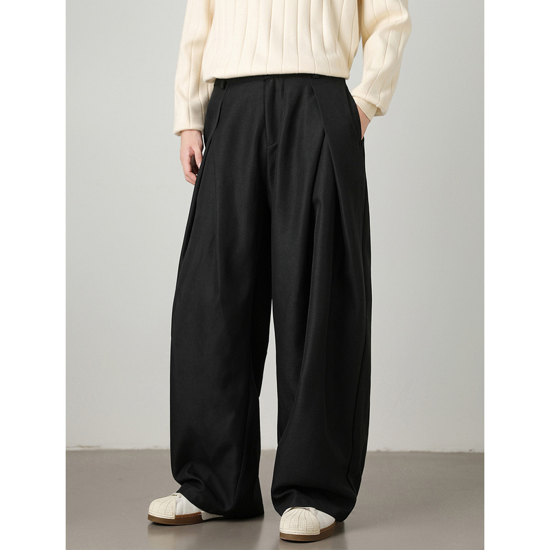 Textured Blended Pleated Drape Casual Men's Trousers, New Autumn Trendy Retro Loose Fit Versatile Long Pants