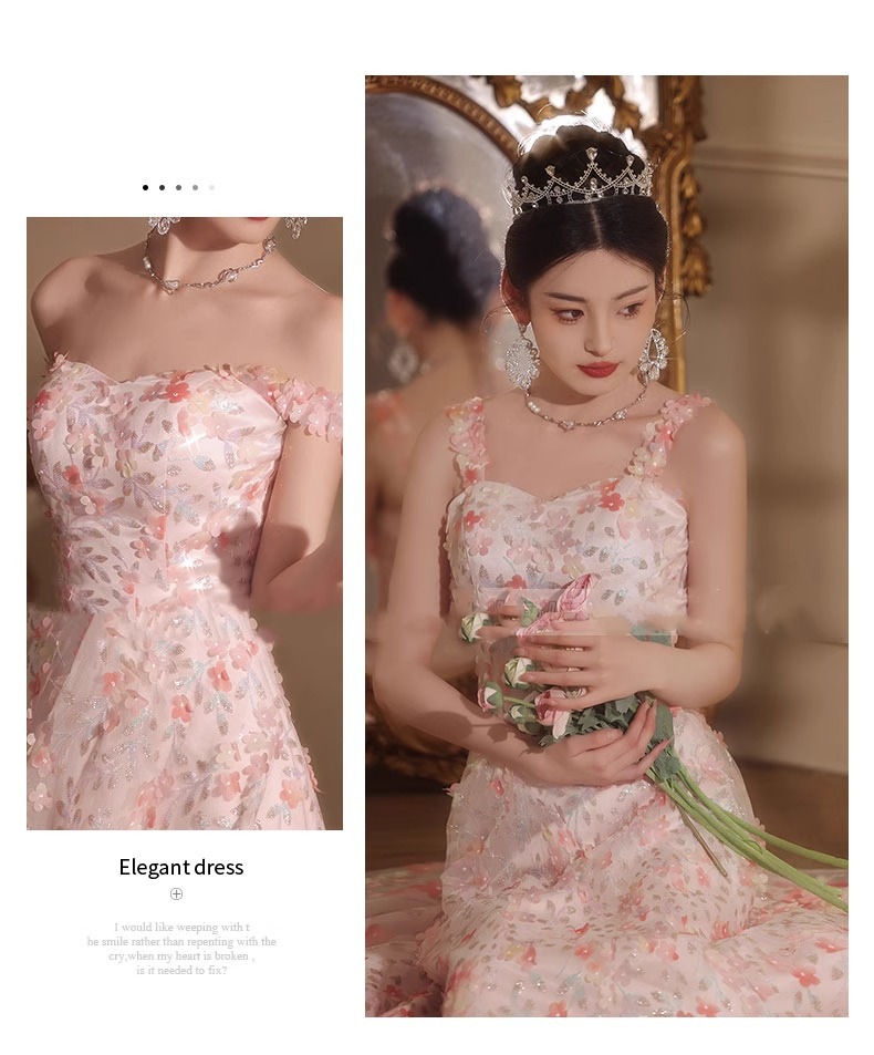 Đầm dạ hội không dây kiểu Pháp dáng suông midi, thiết kế sang trọng nhẹ nhàng — Màu hồng chi tiết 8