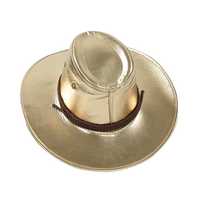Cappello da cowboy western alla moda in pelle PU color oro unisex, cappello da montagna jazz, tutto in tonalità_voghion.com