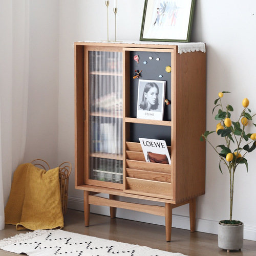 Nordic bookcase bookshelf wall-mounted living room storage bookcase sliding door magazine cabinet bedroom study solid wood storage cabinet