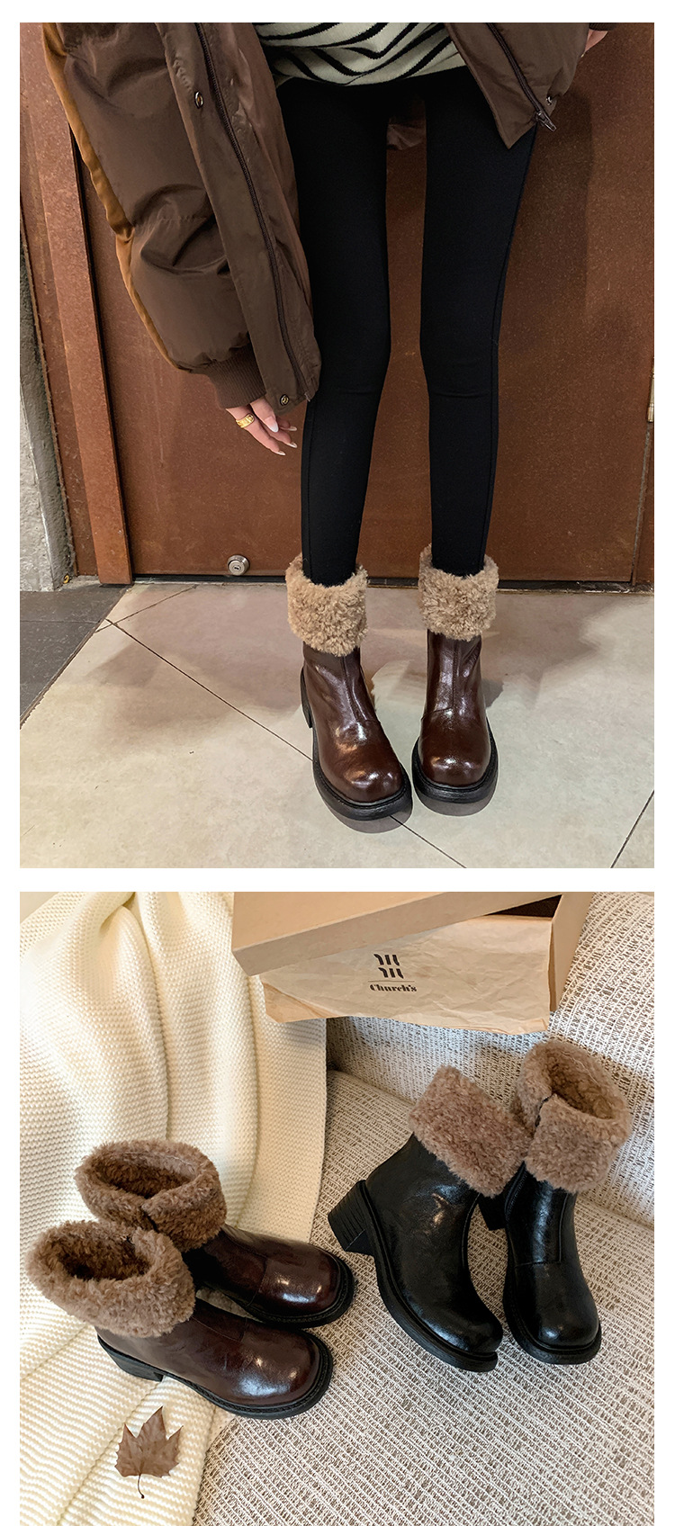 Boot nữ mũi tròn cổ ngắn lót lông giữ ấm gót cao — màu đen chi tiết 27