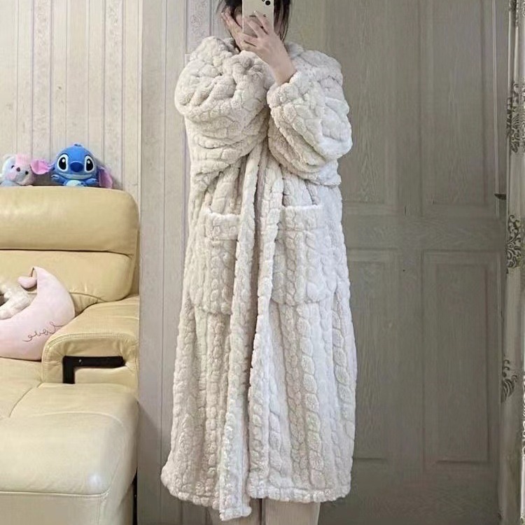 Pijama de invierno de mujer de lana gruesa simple encapuchado de color sólido pijama casero vestido de rodilla larga al por mayor