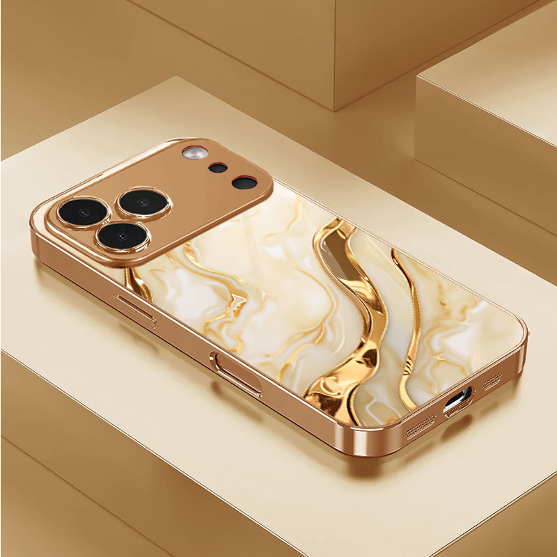 Off-White Marble Is Suitable for Apple 17 Electroplated Gold Glass Case 14/15Plus/16Promax Protective Case